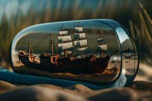uma navio dentro uma garrafa em a de praia. gerado por IA foto