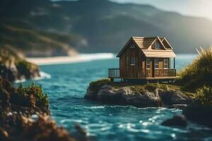 uma minúsculo casa em uma Rocha de a oceano. gerado por IA foto