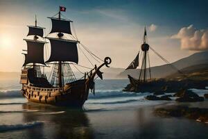 pirata navio Navegando em a oceano às pôr do sol. gerado por IA foto