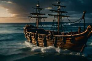 uma de madeira navio dentro a oceano às pôr do sol. gerado por IA foto