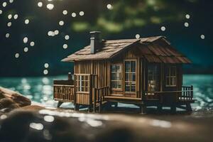 uma miniatura casa em a costa do uma lago. gerado por IA foto