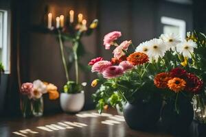 flores dentro vasos em uma mesa. gerado por IA foto