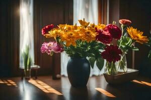 flores dentro vaso em mesa dentro frente do janela. gerado por IA foto