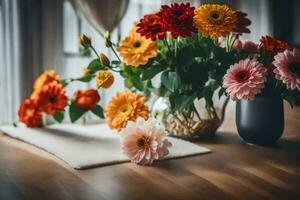 flores dentro vasos em uma mesa. gerado por IA foto