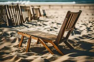 uma de madeira cadeira senta em a de praia dentro frente do a oceano. gerado por IA foto