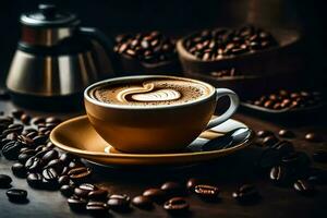 uma copo do café é em uma mesa com café feijões e uma café Panela. gerado por IA foto