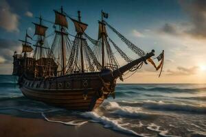 uma pirata navio em a de praia às pôr do sol. gerado por IA foto