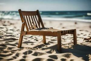 uma de madeira cadeira senta em a de praia perto a oceano. gerado por IA foto
