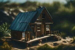 uma miniatura de madeira casa em a de praia. gerado por IA foto