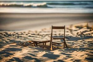 uma cadeira senta em a areia às a de praia. gerado por IA foto