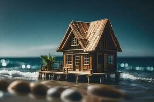 uma miniatura de madeira casa em a de praia. gerado por IA foto