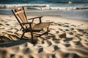 uma de madeira cadeira senta em a areia perto a oceano. gerado por IA foto