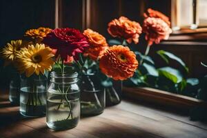 flores dentro frascos em uma peitoril da janela. gerado por IA foto