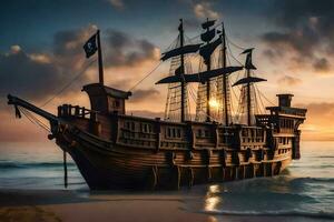 pirata navio em a de praia às pôr do sol. gerado por IA foto