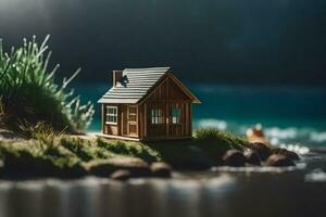uma pequeno casa senta em a costa do uma lago. gerado por IA foto