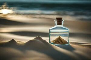 uma garrafa do areia em a de praia com uma mensagem. gerado por IA foto