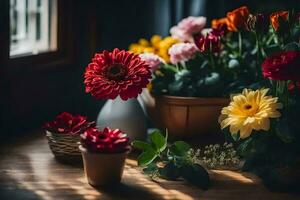 flores em uma mesa de uma janela. gerado por IA foto