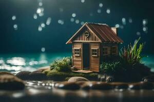 uma miniatura casa em a pedras de a água. gerado por IA foto