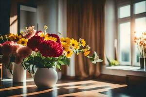 flores dentro vasos em uma mesa dentro frente do uma janela. gerado por IA foto