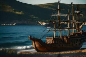 uma de madeira navio em a de praia perto a oceano. gerado por IA foto