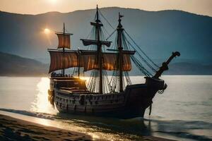 uma pirata navio é Navegando em a de praia às pôr do sol. gerado por IA foto