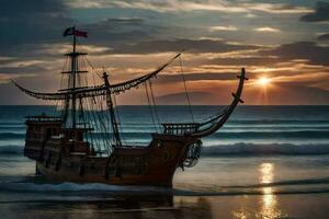 uma pirata navio é em a de praia às pôr do sol. gerado por IA foto