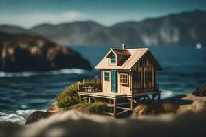 uma miniatura casa em uma Rocha perto a oceano. gerado por IA foto