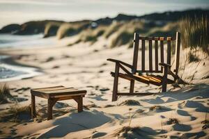 uma de madeira cadeira e Banqueta em a de praia. gerado por IA foto