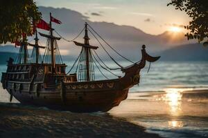 uma de madeira navio em a de praia às pôr do sol. gerado por IA foto