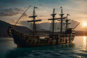 uma pirata navio dentro a oceano às pôr do sol. gerado por IA foto