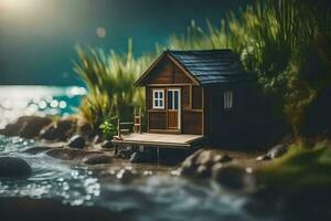 uma miniatura casa em a costa do uma lago. gerado por IA foto