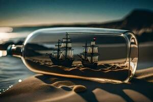 navio dentro uma garrafa, areia, praia, enviar, navio dentro uma garrafa, areia, de praia. gerado por IA foto