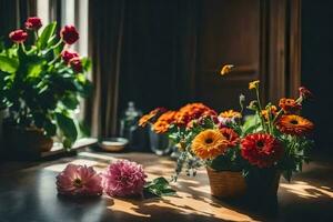 flores dentro uma vaso em uma mesa. gerado por IA foto