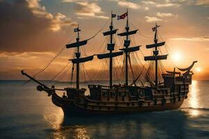 uma de madeira navio dentro a oceano às pôr do sol. gerado por IA foto