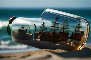 navio dentro uma garrafa em a de praia. gerado por IA foto