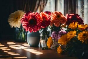 flores dentro vasos em uma peitoril da janela. gerado por IA foto