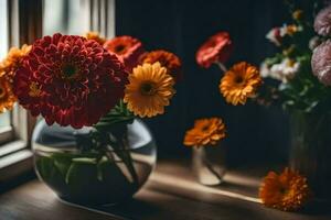 flores dentro uma vaso em uma peitoril da janela. gerado por IA foto