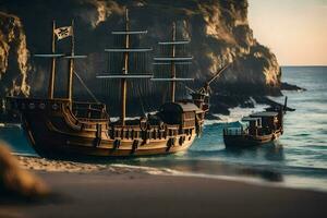 uma pirata navio é em a de praia perto a oceano. gerado por IA foto