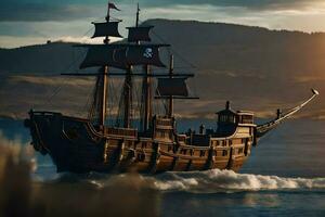 uma pirata navio é Navegando dentro a oceano. gerado por IA foto