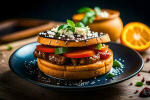 uma Hamburger com legumes e uma tigela do laranja suco. gerado por IA foto