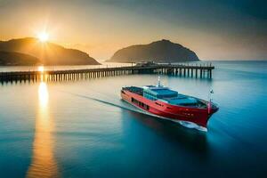 uma vermelho barco viajando através a água às pôr do sol. gerado por IA foto