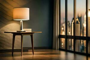 uma luminária em uma mesa dentro frente do uma janela. gerado por IA foto