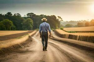 uma homem dentro uma chapéu e gravata caminhando baixa uma sujeira estrada. gerado por IA foto