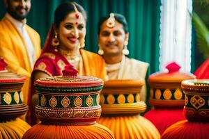 uma casal dentro tradicional indiano vestuário estão cercado de colorida lanternas. gerado por IA foto