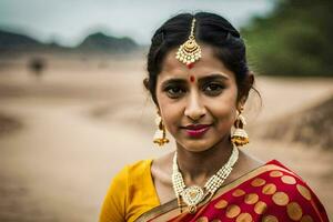 uma mulher dentro uma tradicional sari poses para a Câmera. gerado por IA foto