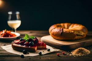 uma fatia do pão com bagas e uma vidro do vinho. gerado por IA foto