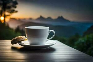 uma copo do café e uma bolacha em uma de madeira mesa dentro a montanhas. gerado por IA foto