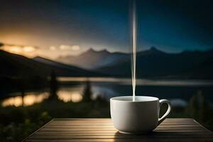 uma copo do café em uma mesa dentro frente do uma lago. gerado por IA foto