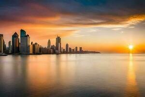 a Sol conjuntos sobre a cidade Horizonte dentro isto foto. gerado por IA foto