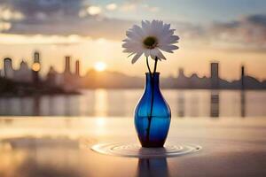 uma azul vaso com uma flor sentado em uma mesa dentro frente do uma cidade Horizonte. gerado por IA foto